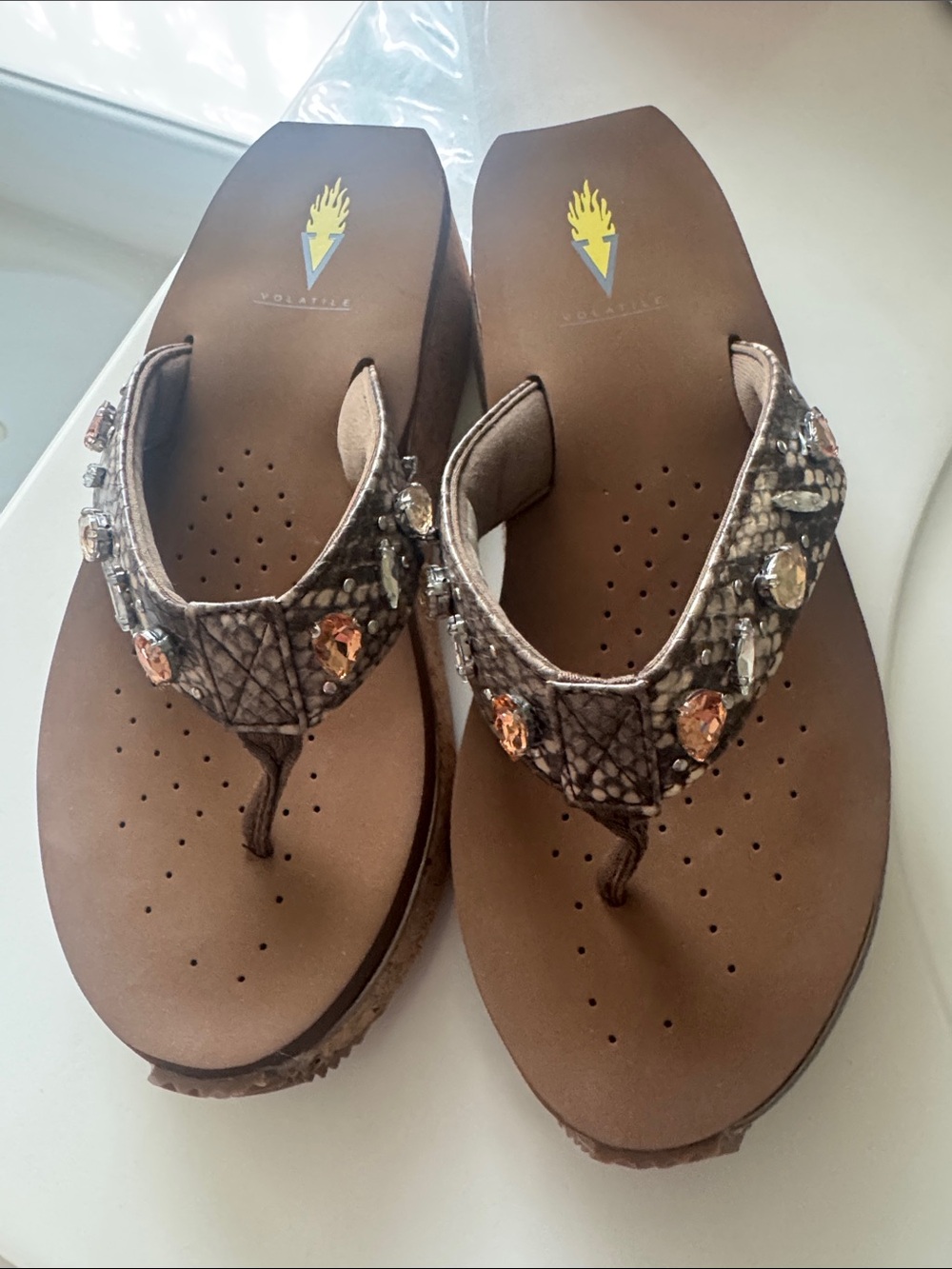 Volatile Brown Jeweled Snake-Texture Thong Sandals